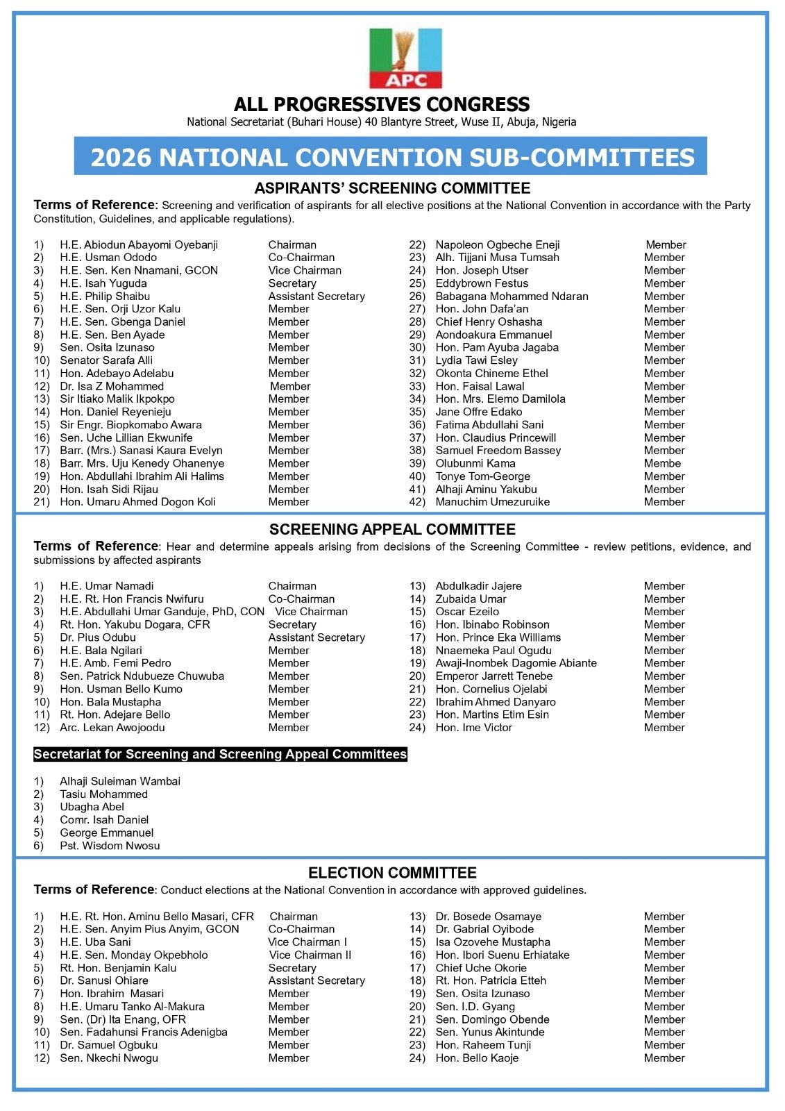 APC ANNOUNCES COMPOSITION OF 2026 NATIONAL CONVENTION SUB-COMMITTEES